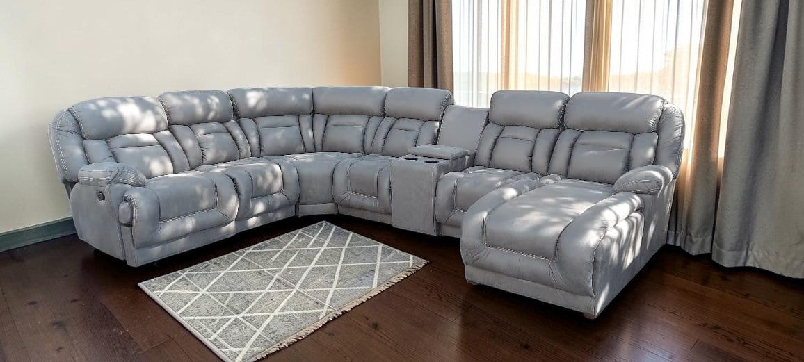 Sala modular gris CASA GARRIDO Muebles con sillón reclinable, hielera integrada y portavasos en diseño contemporáneo.
