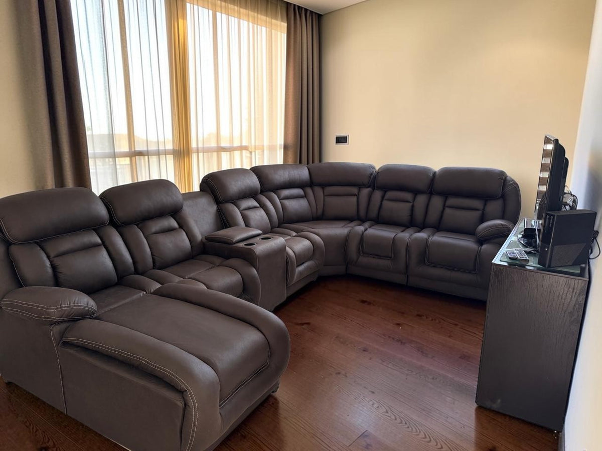 Sala modular CASA GARRIDO Muebles modelo Islandia en color café con sillón reclinable y hielera integrada