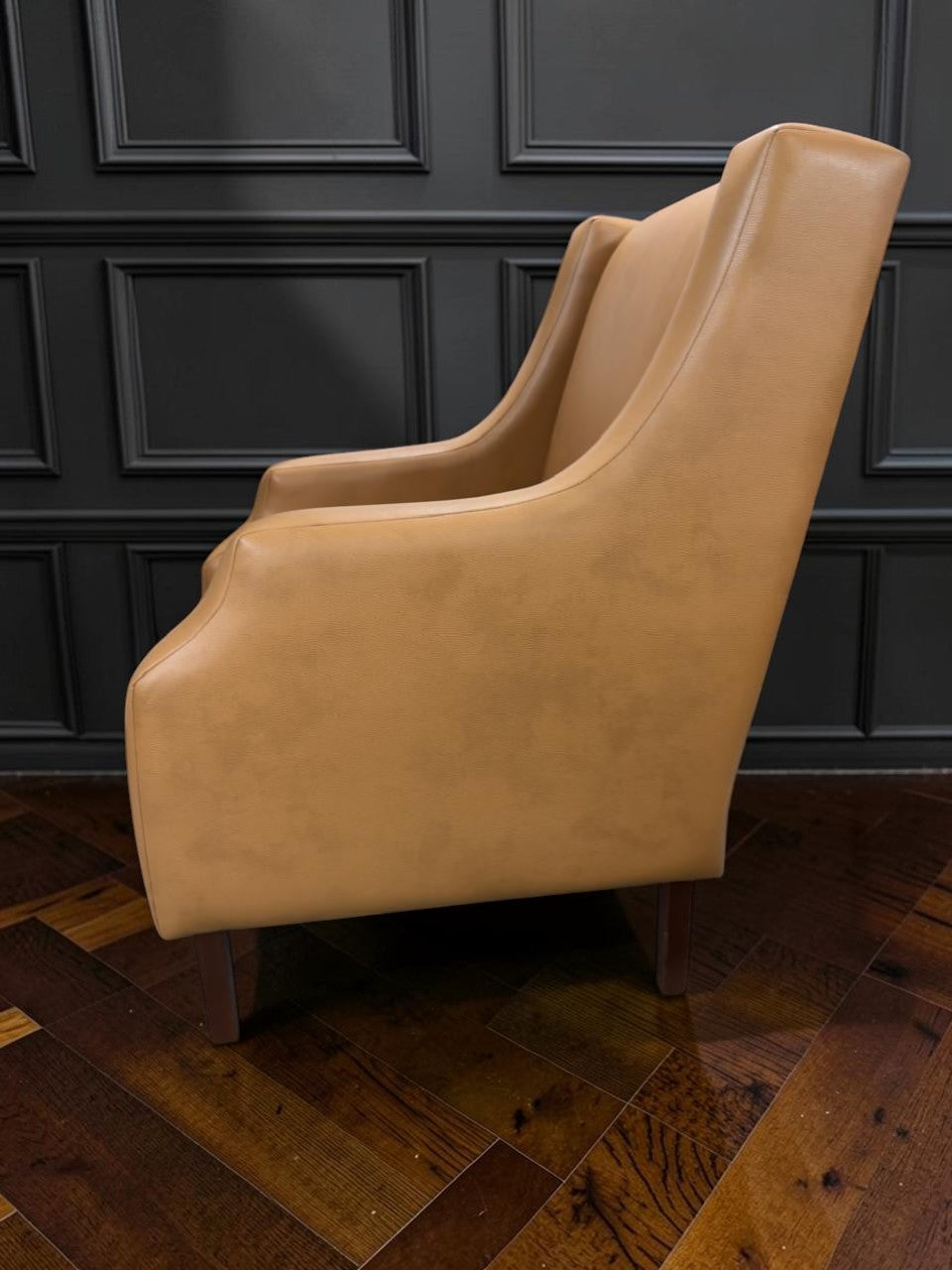 Sillón Kabul de CASA GARRIDO Muebles tapizado en cuero color beige con diseño de respaldo alto y patas de madera